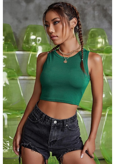 Modi Kadın Yeşil Kare Yaka Crop Top Bluz