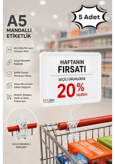 5 Adet - A5 Mandallı Etiketlik Fiyatlık Sepet Raf Askılık Fiyat Etiketi Çerçeveli Market Mağaza Beyaz