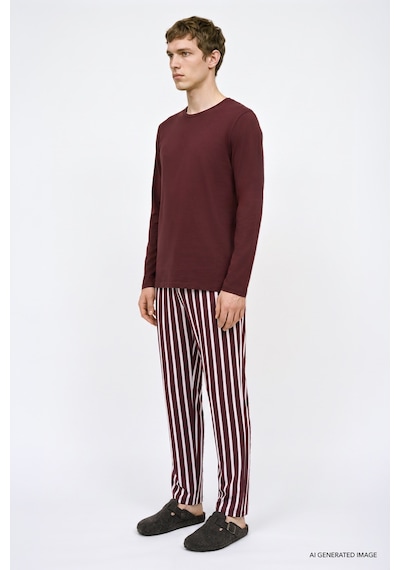 Ac&Co / Altınyıldız Classics Erkek Bordo 2'li %100 Pamuk Yumuşak Dokulu Yan Cepli Çizgili Pijama Takımı
