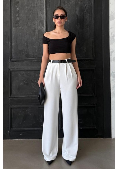 Madmext Beyaz Çift Pileli Kemerli Pantolon Mg2330 Beyaz