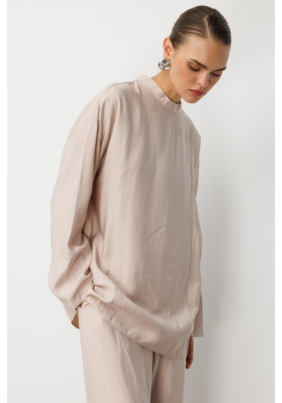 Mizalle Oversize Yüksek Yaka Modal Karışımlı Bej Rengi Tunik Bej