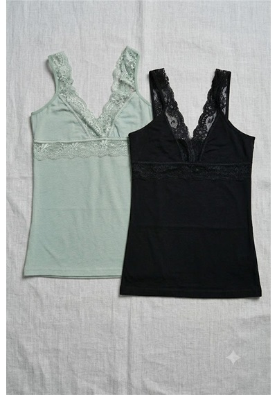 Demirsa Boutique Modal Kumaş Dantel Askılı V Yaka Yeşil Ve Siyah Renk 2'li Kadın Atlet Yeşil-siyah Demirsa Boutique Modal Kumaş Dantel Askılı V Yaka Yeşil Ve Siyah Renk 2'li Kadın Atlet Yeşil-siyah