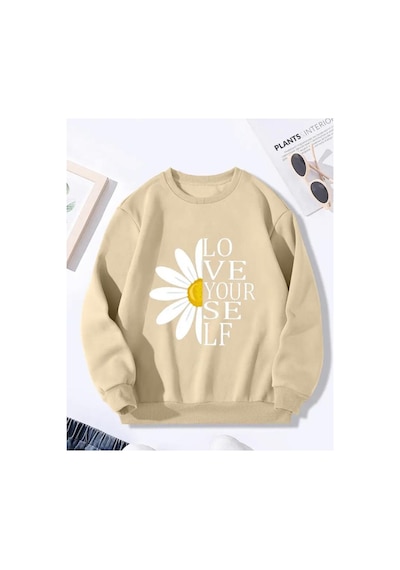 Herkesemoda Papatya Baskı Detaylı Bisiklet Yaka İçi Polarlı Sweatshirt Bej