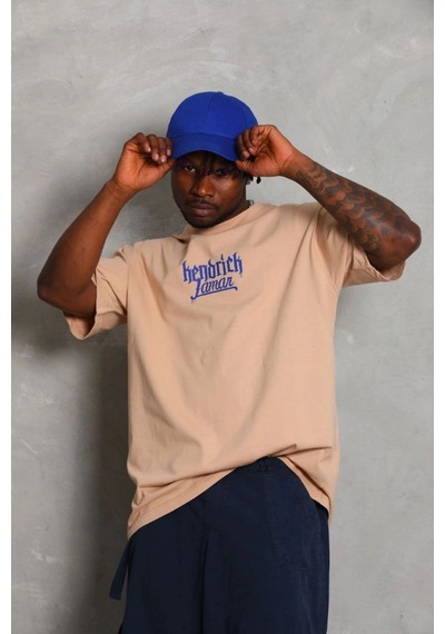 Oversize Baskılı Bisiklet Yaka T-shirt - Bej -
