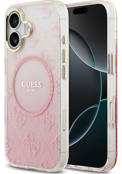 Apple Uyumlu iPhone 17  Kılıf Guess Lisanslı M-safe Özellikli 4g Desenli Simli Silikon Kapak Pembe Pembe