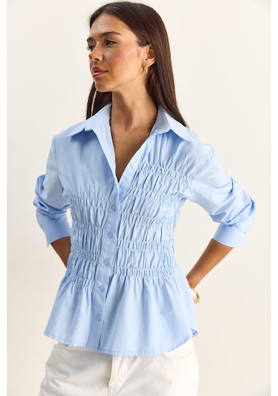Shade Kadın Asimetrik Büzgü Detaylı Lastikli Bel Formlu Düğmeli Poplin Gömlek 0998 60286161 - Bebe Mavisi