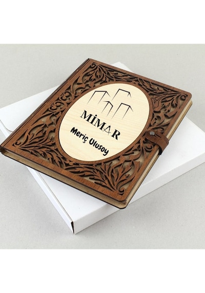 Mimar Tasarımlı Kişiye Özel Ahşap Kapaklı Defter - Çizim Ve Eskiz İçin 60 Yaprak Kraft Kağıtlı Mesleki Hediye Kahve