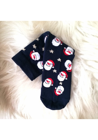 Lacivert Yılbaşı Temalı Noel Baba Desenli Çorap Lacivert
