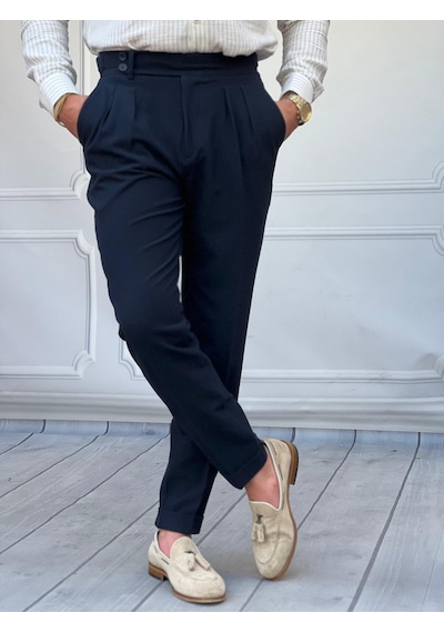 Modefendi Özel Üretim %100 Gofre Kumaş Modern Fit Kumaş Pantolon Lacivert