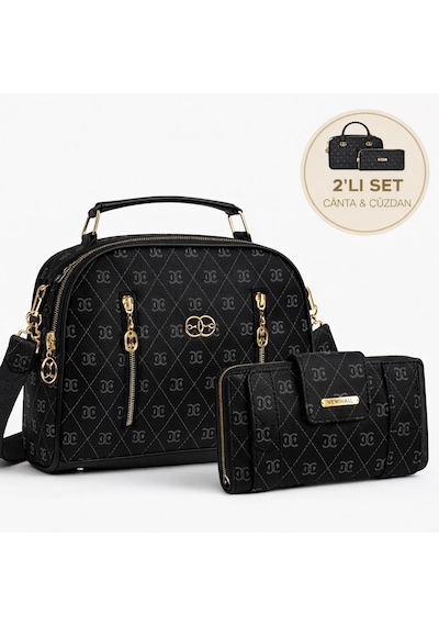 Newish Polo Kadın Uzun Askılı El Ve Omuz Çantası Mini Cüzdan Fermuarlı Kartlık Ve Bozuk Para Bölmeli - New373 Siyah