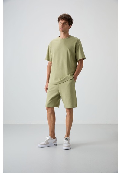 Tommy Life Açık Çağla Pamuklu Kalın Yumuşak Dokulu Oversize Fit Basic Erkek Şort Takım - 85249 Yeşil