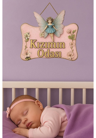 Kızımın Odası Yazılı Melek Tasarımlı Ahşap Mdf Kapı Süsü - Uv Hd Baskılı Eskitme Açık Pembe