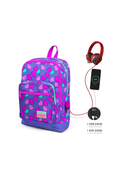 Coral High Kids Lavanta Pembe Kalp Desenli Dört Bölmeli USB Şarjlı Kulaklık Çıkışlı Okul Sırt Çantası 23263