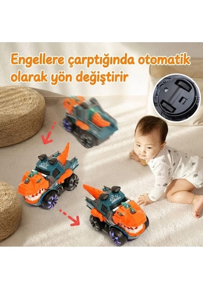 Turuncu-yeşil Hareketli Dinozor Oyuncak Araba - Işıklı, Müzikli, Çarp Dön Özellikli T-rex Kamyon 2 Yaş+ Çok Renkli