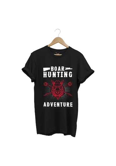 Domuz Avcılığı Baskılı Hunter Avcılık Temalı %100 Pamuk Regular Fit Siyah T-shirt Siyah