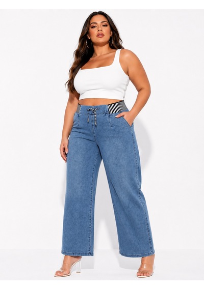 Zanessi Fashıon Büyük Beden Denim Beli Lastikli Bol Paça Kadın Pantolon Mavi