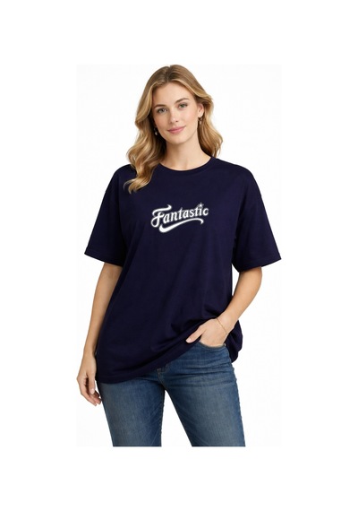 Fantastic Baskılı Lacivert Oversize Tişört - %100 Pamuk Lacivert
