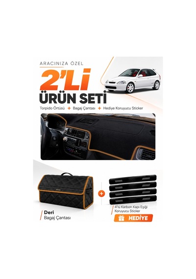 Honda Civic Ek-ej-em 1995-2000 Uyumlu Torpido Örtüsü + Deri Çanta + Sticker - Siyah Kahverengi