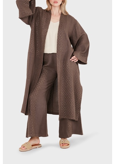 Via Dante % 100 Keten Brode İşlemeli Kimono Bayan Kimono 69912196 Kahve