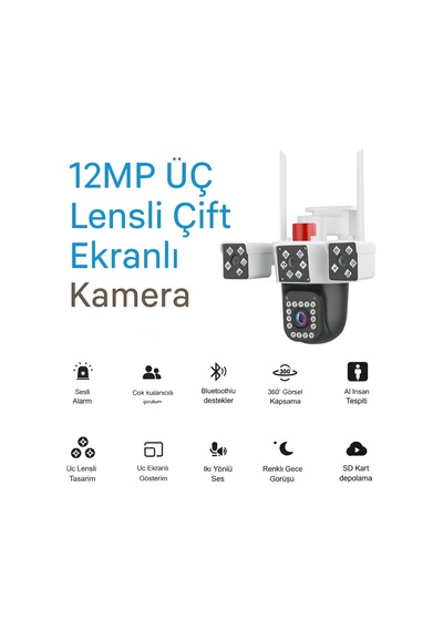 12mp Uc Lensli Cift Ekranli Guvenlik Kamerasi - Depo, Yazlik Ve Ev Icin Akilli Cozum Wifi'li Kamera 3 Kameralı