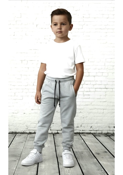 Black Steel İki İplik Çocuk Boy Düz Eşofman Altı Gri