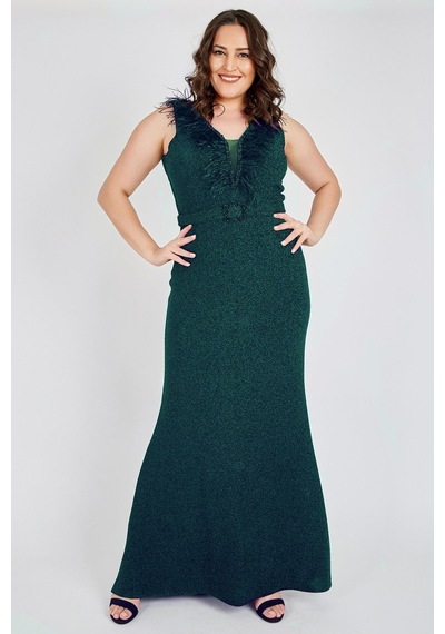 Ladies First Büyük Beden 3472 Zümrüt Uzun Abiye Elbise 001