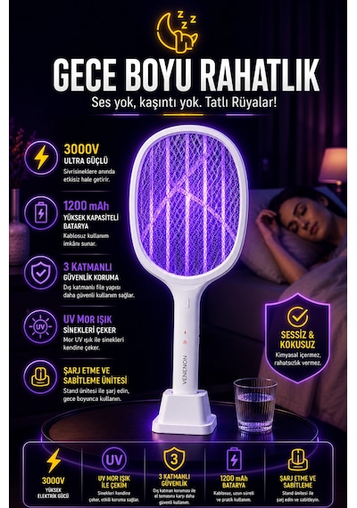 3000v Şarjlı Elektrikli Sinek Raketi Standlı Sivrisinek Haşere Öldürücü Sineklik Haşere Aleti D028