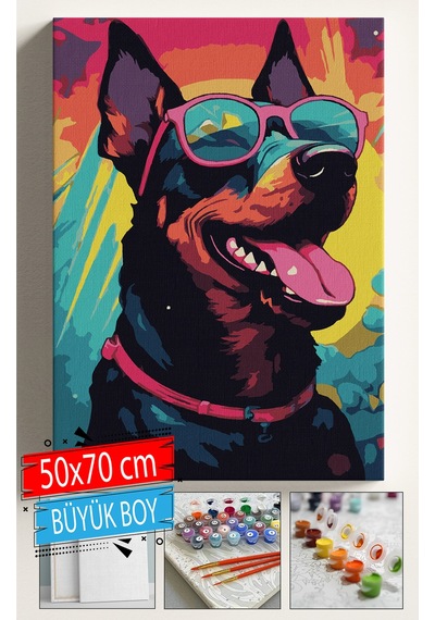 Sayılarla Boyama Seti Numaralı Tuval Fırça Boya Dahil Kasnaklı Set 50x70 Cm - Renkli Köpek 01