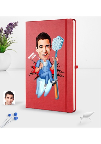 Kişiye Özel Erkek Diş Hekimi Karikatürlü Kırmızı Termo Deri Defte (540170025)