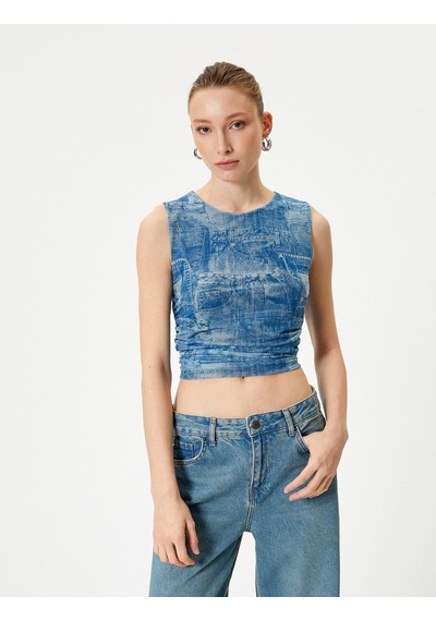 Koton Denim Görünümlü Üst Crop Büzgülü Bisiklet Yaka Mavi Desenli 4sak10354ek Mavi