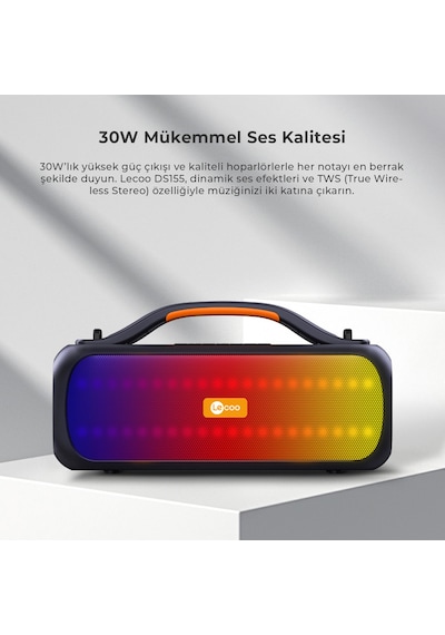 Lecoo DS155 30W Kablosuz Bluetooth 5.0 RGB IPX5 TWS Stereo Boombox Taşınabilir Hoparlör