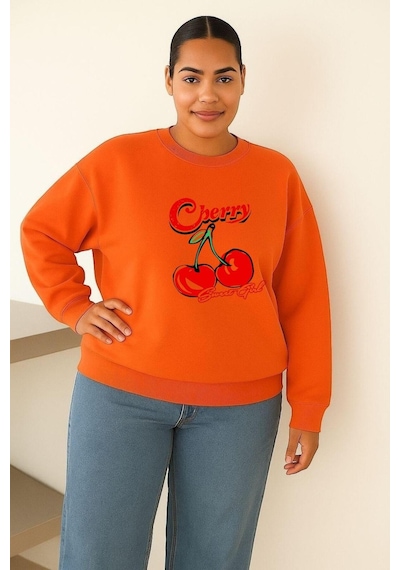 Benroma 3 İplik Penye Cherry Kiraz Baskılı Büyük Beden Unisex Sweatshırt Turuncu