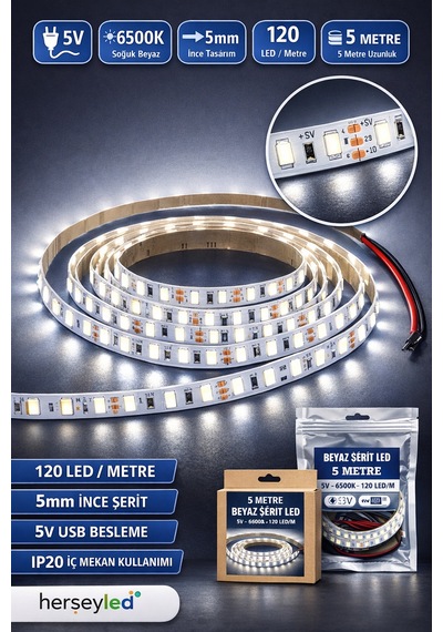5v Beyaz Şerit Led 5mm, 120 Led/metre, 6500k, Ip20, İç Mekan, 5 Metre Paket Beyaz