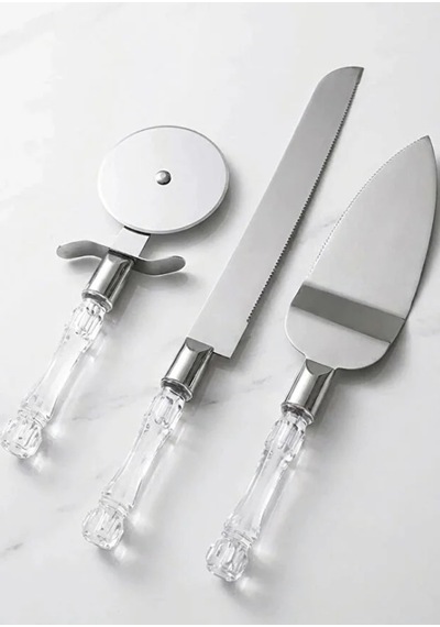 Mucit Home 3lü Kristal Görünümlü Saplı Çelik Servis Seti Pizza Kesici Kek Bıçağı Pasta Spatulası Beyaz