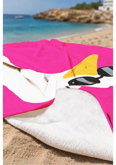 Havalu Ördek Figürlü Fuşya Plaj Havlusu - Modern Pop Art Beyaz Siyah Hızlı Kuruyan Mikrofiber Havlu Keten Köpüğü