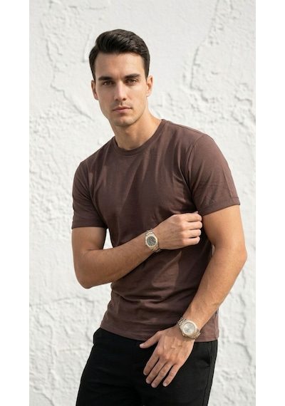 Plus Scorpion T02 Kol Katlama Erkek Slim Fit Basic Tişört Bisiklet Yaka, Düz Kumaş, Yazlık Model Kahverengi