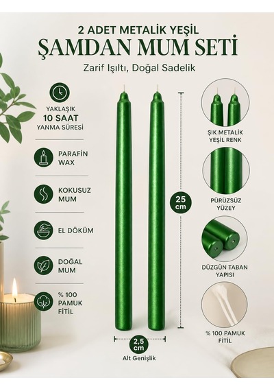 2'li Metalik Yeşil Şamdan Mum Seti 25 Cm Dekoratif İnce Şamdan Mum, Kokusuz Parafin Wax,%100 Pamuk Fitil, El Dö Diğer