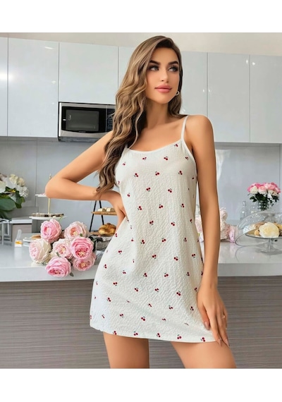 Jhena Kadın Gecelik Elbise, Yüzde Yüz Kaliteli Pamuk Kadın Ev Giyim Pijama, İp Askılı Kadın Gecelik Desenli