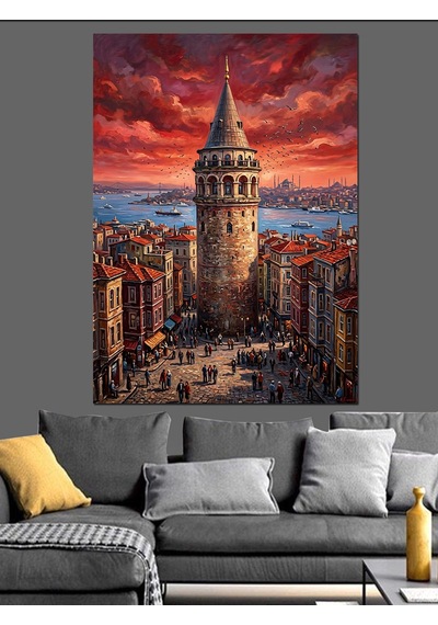 Kızıl Gökyüzünde Heybetli Galata Kulesi Dekoratif Kanvas - Mdf Ahşap Tablo