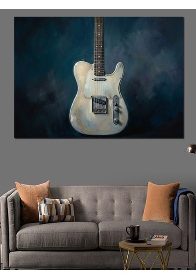 Mavi Fondaki Klasik Beyaz Gitar Dekoratif Kanvas - Mdf Ahşap Tablo