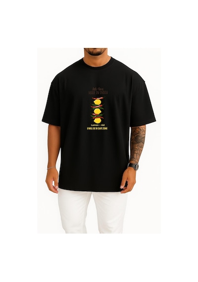 Bahriyeli Collection Oversize Antivirus Made İn İndia Limon Ve Aid Göğüs Baskılı Unisex T-shirt Siyah