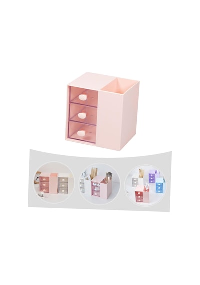 Masaüstü Kalemlik Organizer 7 Bölmeli Kawaii Kapaklı Mini Çekmeceli Kalemlik - Pembe Pembe