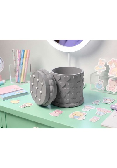 3d Baskı Kabartma Kalp Desenli Kapaklı Kalemlik - Masaüstü Organizer - Gri Diğer