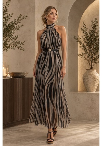 Moda Banuş Zebra Şifon Astarlı Elbise Siyah
