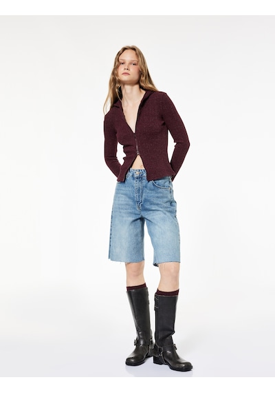 Koton Slim Fit Kapüşonlu Uzun Kollu Dokulu Fermuarlı Hırka Bordo 6wal90047ık Bordo