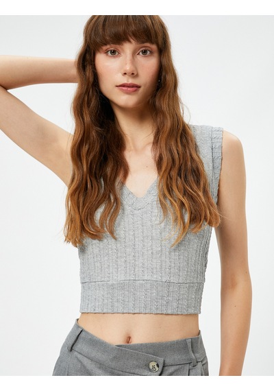 Koton Crop V Yaka Atlet Gri 3sak10254ek Gri