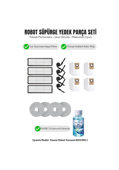 Robot Vacuum 5 Ov31gl İle Uyumlu 4 Yan Fırça 4 Filtre 4 Mop 1 Deterjan 4 Toz Torbası 6.0