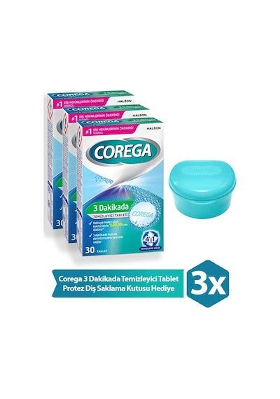 Corega 3 Dakikada Temizleyici 30 Tablet 3 Adet + Corega Protez Diş Saklama Kutusu