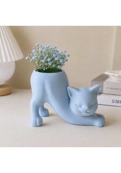 Kedi Figürlü Mini Saksı Dekoratif Saksı Mavi