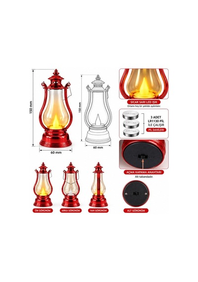 Pm-38887 Nostaljik Led Mini Gaz Lambası Tasarımlı Pilli Dekoratif Aydınlatma Belirtilmemis